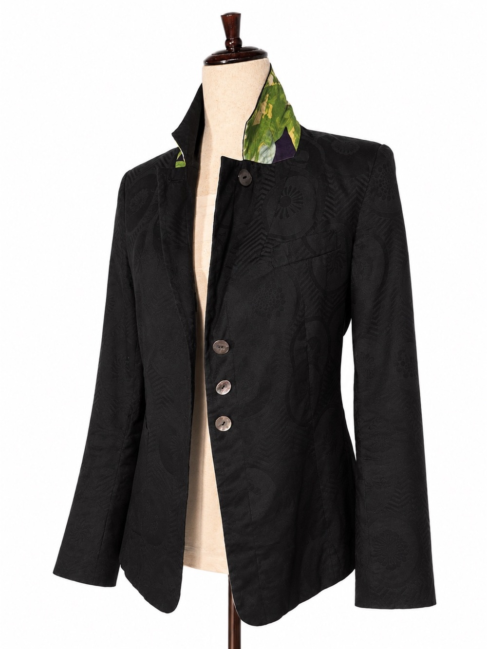 Kenzo Jungle Black Textured Button-Front Jacket w Tropical print collar. S